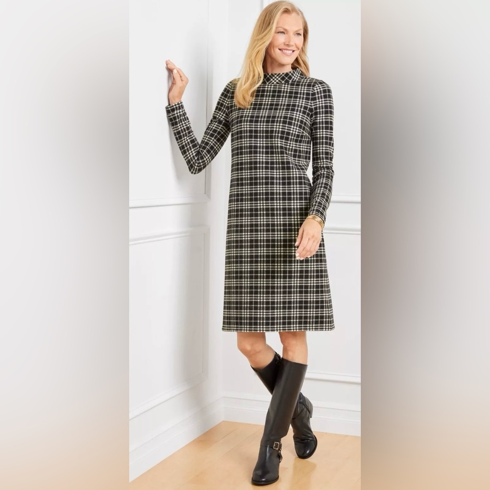 TALBOTS Women’s Petite Windowpane Black White Plaid Mock Neck Shift Dress Medium